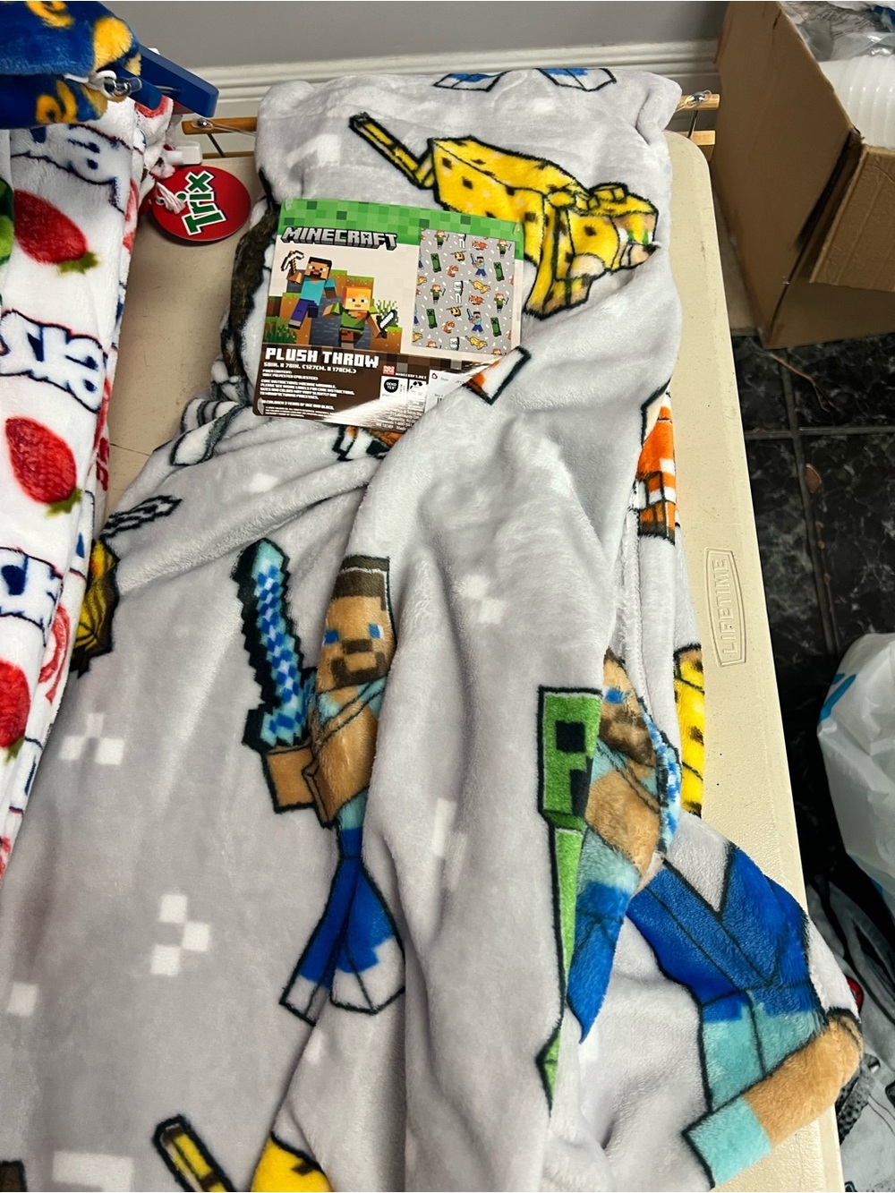 Minecraft Plush Throw Blanket - Gray with Blue, Green & Yellow Characters